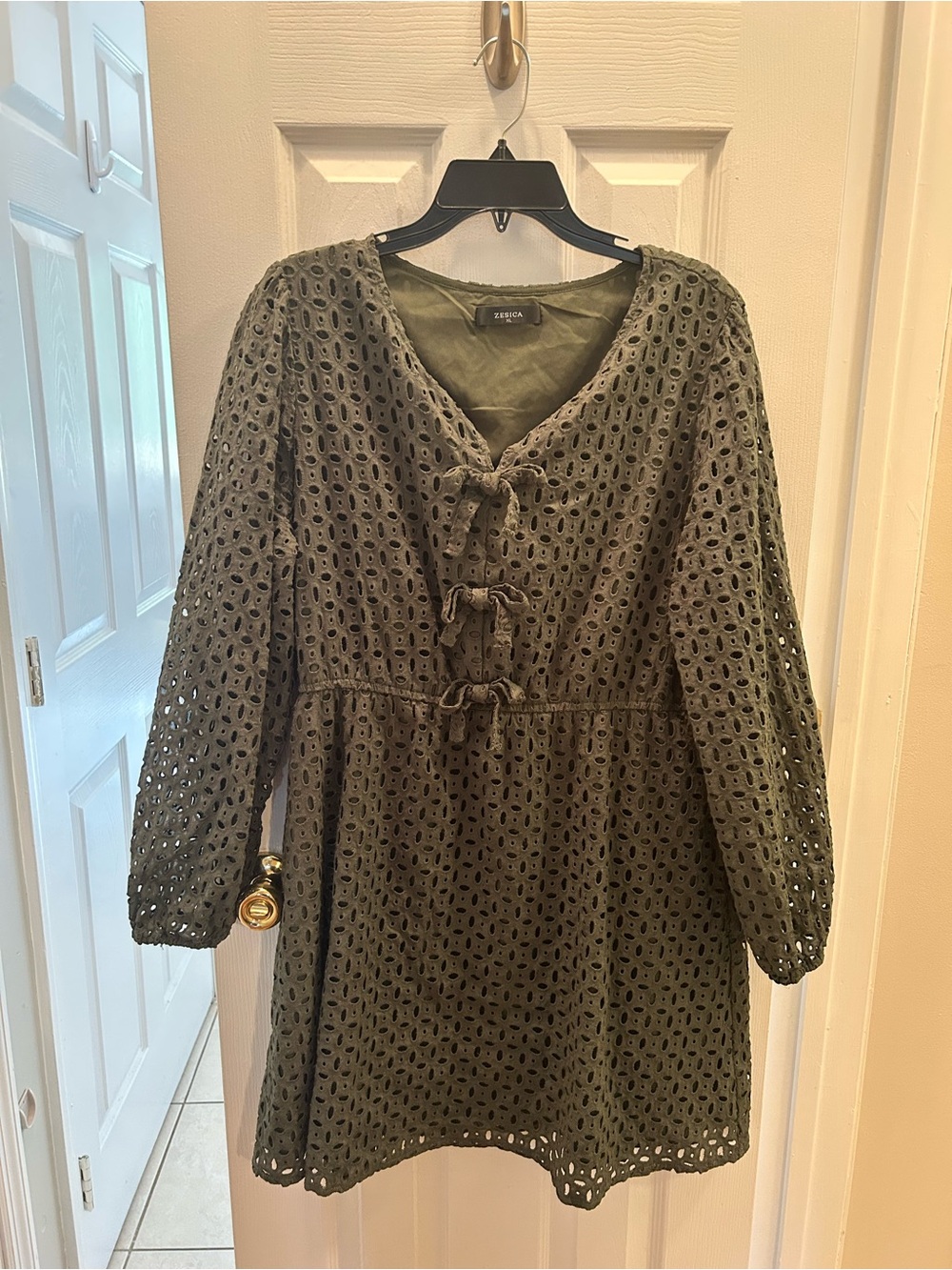 Zesica Olive Eyelet Tie-Front Dress